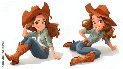 Young Cowboy Woman Sitting and Lying Down in Western Outfit