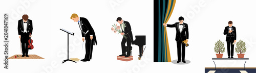 Fotografie Set of male musicians and performers in tuxedos bowing and taking curtain calls after classical music concerts or stage performances, flat vector illustrations