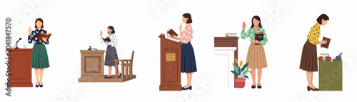 Konstfotografi Set of women giving testimony or taking an oath in court, holding a Bible and raising hands, legal concept illustrations on white background
