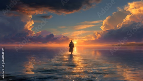 Silhouette Person Walking Toward Sunset Over Calm Ocean
