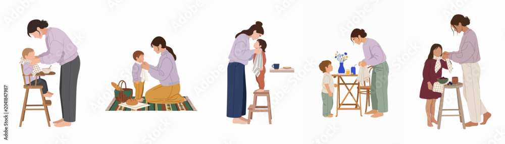 Obraz premium Set of minimalist flat illustrations depicting a mother's daily routine, caring for and bonding with her young children through feeding, dressing, and affection.