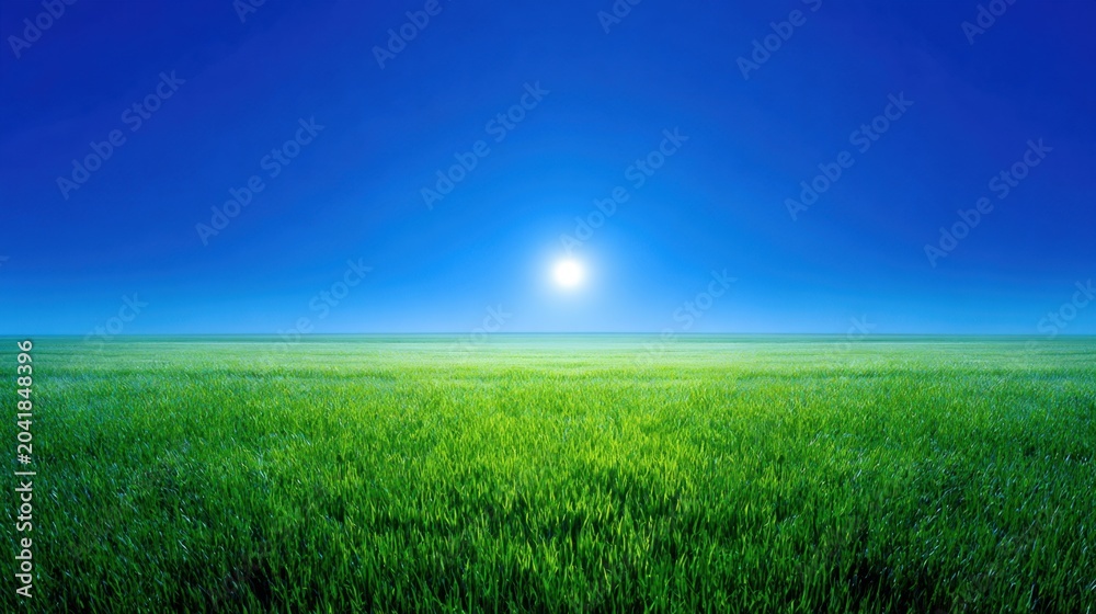 Fototapeta premium Expansive Green Field Under Bright Blue Sky With Radiant Sunlight at Dusk or Dawn in Serene Natural Landscape