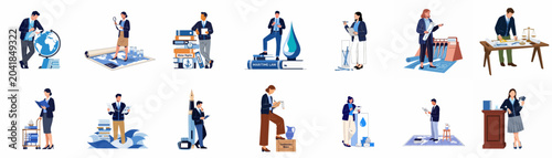Obraz na plátně Collection of professional characters researching maritime law, international water rights, and global hydrography for environmental and legal management solutions