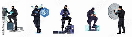 Fotografía Cyber heist tactical hacker set illustrating high-tech safe cracking, server hacking, and data theft by a professional in black gear