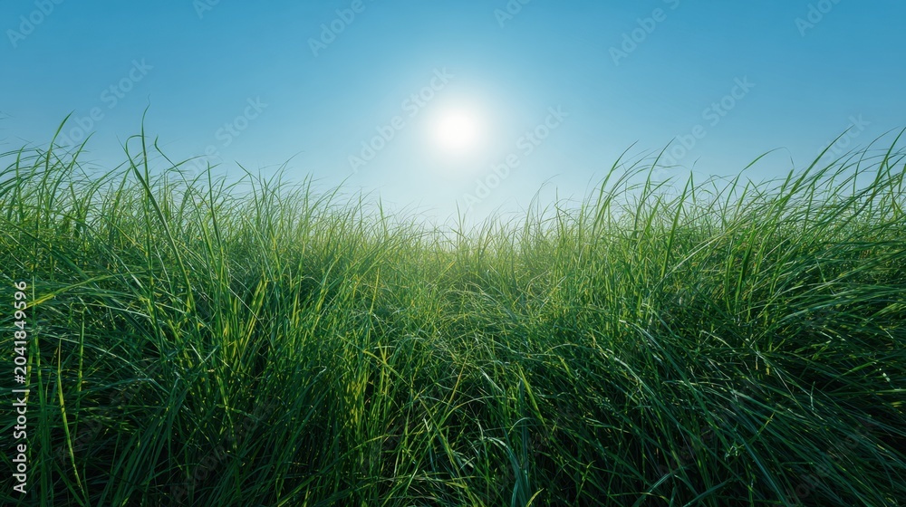 Obraz premium Expansive Green Grass Field Under Bright Blue Sky with Sun Illuminating Landscape on a Clear Day