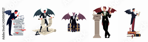 Canvas-taulu Set of demonic characters in tuxedos representing hidden contract clauses, legal traps, and making deals with the devil in professional settings