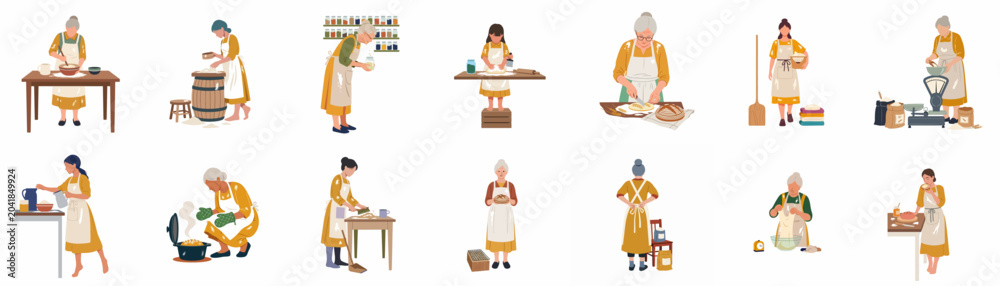 Fototapeta premium Collection of women and a girl baking bread, from preparation to final loaf, in a cozy rustic kitchen setting