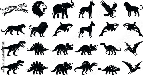 Prehistoric Dinosaurs and Modern Predators Silhouette Set Vector Icons of Wildlife and Ancient Beasts
