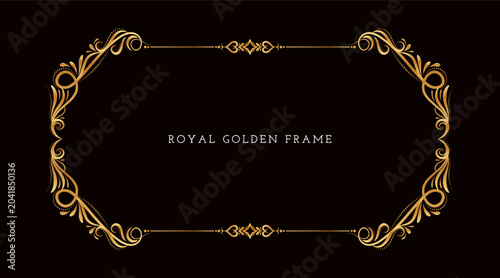 Canvas Print Artistic golden rectangular floral frame design on black background