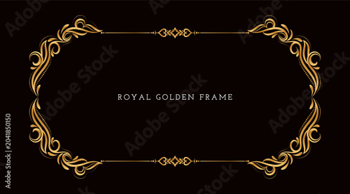 Canvas Print Ethnic golden rectangular floral frame design on black background
