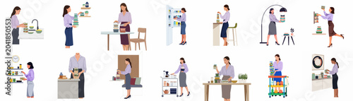 Set of flat illustrations showing a professional woman organizing and preparing healthy meals in various kitchen and pantry settings using containers and jars.