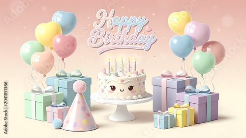 Cute kawaii birthday celebration with pastel balloons and cake birthday balloons illustration celebration childhood colorful