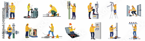 Set of diverse male and female electricians and industrial workers performing maintenance, repairs, and inspections on electrical systems and infrastructure.