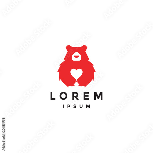 Cute Wild Bear Carrying Sweet Little Heart Logo Design. Little White Heart In Bears Hug Logo Design.