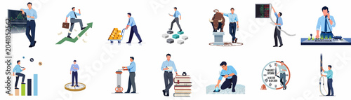 Set of business and stock market vector illustrations featuring a professional male character in scenarios related to trading, finance, growth, and investment.