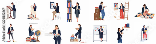 Obraz na płótnie Set of flat vector illustrations depicting a professional female editorial director in various office and publishing-related work scenarios