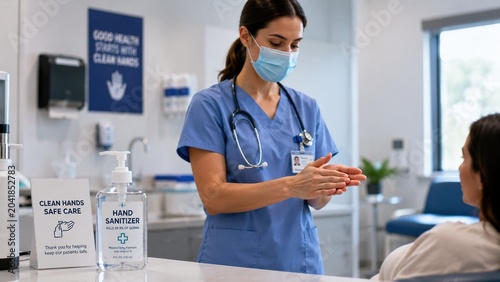 Healthcare Worker Sanitizing Hands in Medical Clinic for Patient Safety.