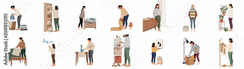 Set of flat vector illustrations depicting women doing various household chores, tidying, organizing, and decorating their homes in a minimalist style.