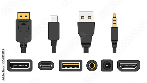 Fotografía Set of common cable connectors and ports in flat vector style
