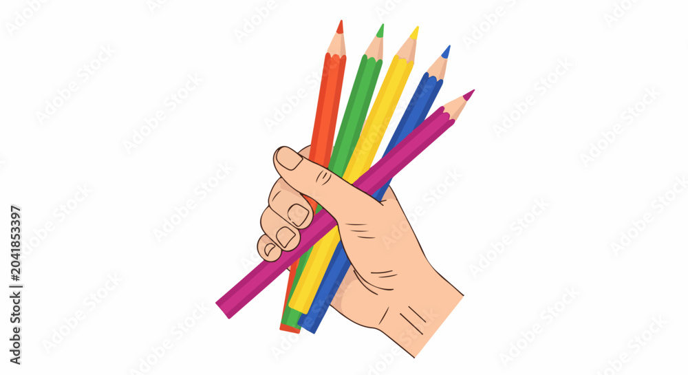 Fototapeta premium Hand holding a bunch of colored pencils on a white background