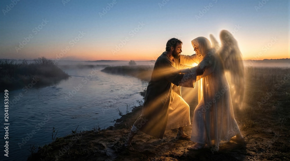 Naklejka premium Man wrestling with an angel by a river at sunrise. Biblical event depicting Jacob struggle with divine being in old testament. Spiritual faith, divine guidance and religious experience.