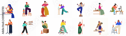 Collection of flat vector illustrations featuring diverse women eating spicy food, tasting hot sauce, and reacting to intense heat in various daily scenarios.