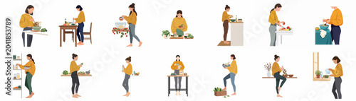 Collection of minimalist flat vector illustrations of a young woman in a yellow sweater cooking and preparing healthy meals in various kitchen scenes.