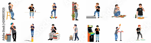 Foto A collection of diverse illustrations depicting teenage boys in casual streetwear eating pizza slices in various everyday urban and lifestyle situations