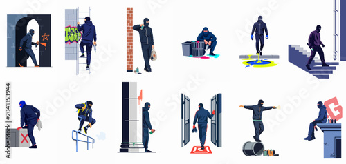 Foto Set of Illustrations Featuring an Urban Graffiti Artist and Thief Character in V