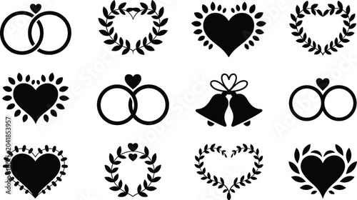 Fotografía Romantic wedding silhouette icons collection featuring hearts, rings, bells, wre