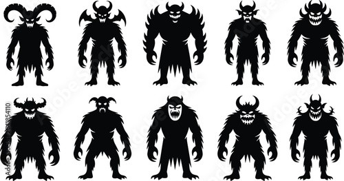 Bild auf Leinwand Silhouettes of monstrous humanoid figures with horns, claws, wings, beast design