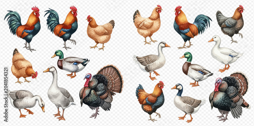 Schilderij op canvas Collection of various farm birds including chickens, roosters, ducks, geese, and turkeys in watercolor style