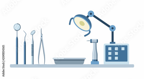 A sterile dental workstation featuring instruments, light, and equipment on a white background