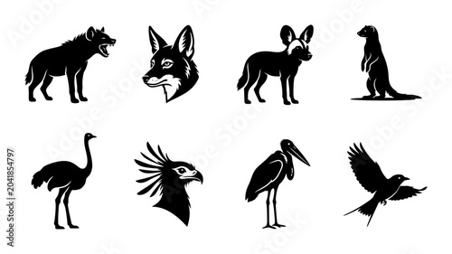 African Wildlife Silhouette Collection: Hyena, Fox, Wild Dog, Meerkat, Ostrich, Eagle, Stork, Bird of Prey Vector Icons
