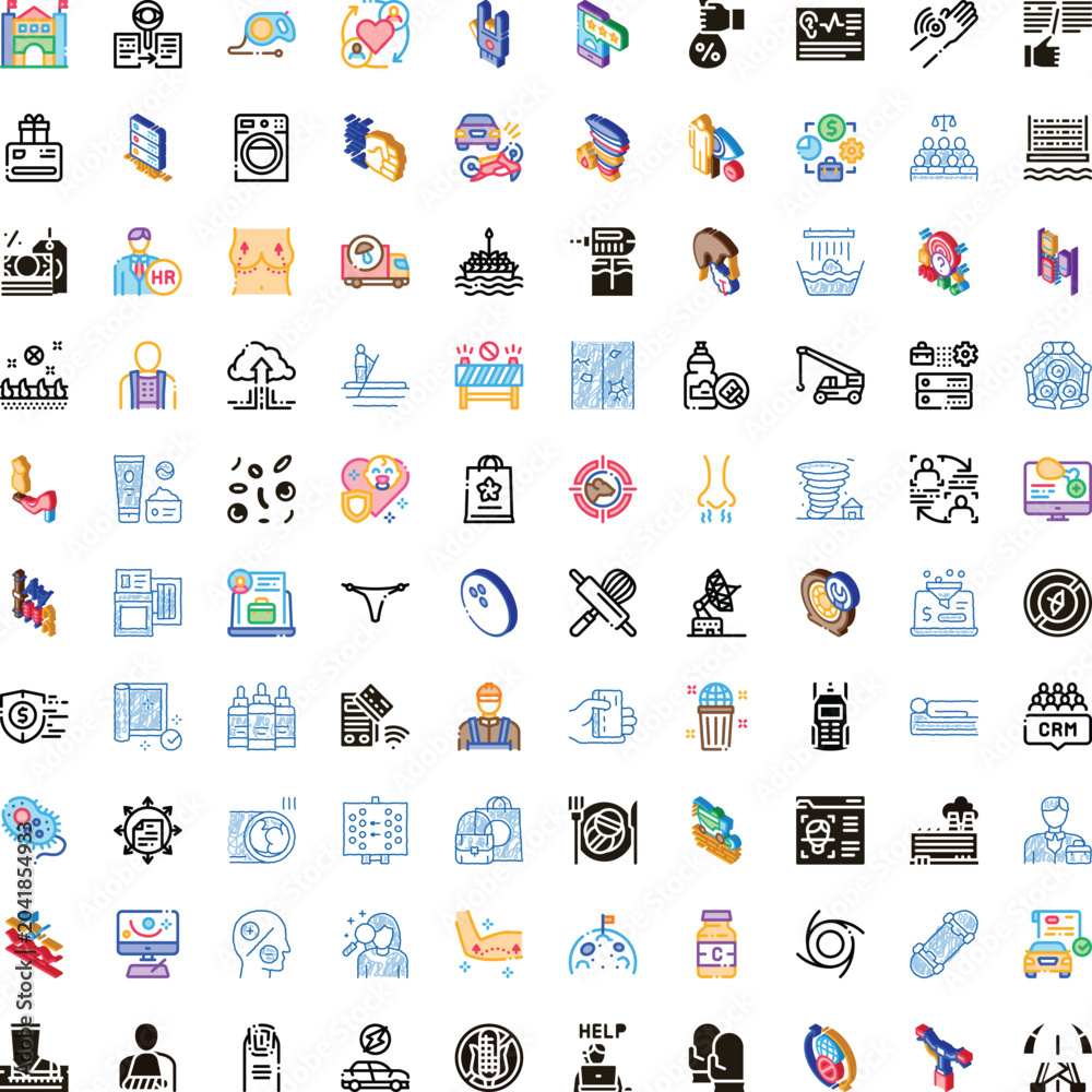 Naklejka premium Large collection of diverse isometric and outline styled icons representing various business concepts, social issues, services, consumer goods, and everyday life objects