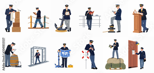 Bild auf Leinwand Collection of Vector Illustrations Featuring Maritime Customs Officers and Port Officials Performing Cargo Inspections, Documentation, and Harbor Security Tasks in Uniform