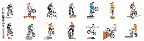 Vector set of diverse young men and women performing various BMX bike stunts and tricks on urban obstacles, isolated on white background.