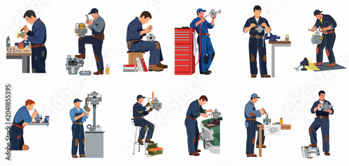 Bild auf Leinwand Collection of illustrations showing mechanics in blue overalls repairing and maintenance of car engine parts like carburetors in a workshop on white background