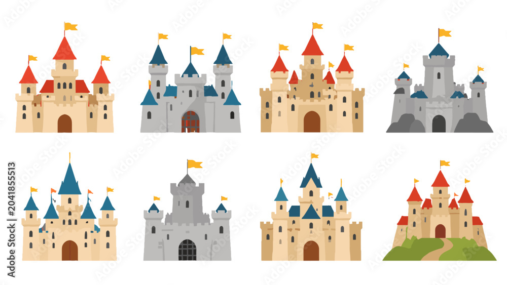 Obraz premium Set of colorful cartoon medieval castle vector illustrations