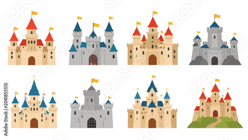 Quadro su tela Set of colorful cartoon medieval castle vector illustrations
