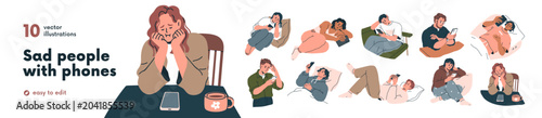 Fotografía Sad people with smartphones set