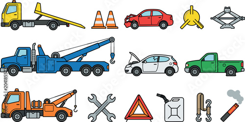 Schilderij op canvas Tow Truck and Car Breakdown Assistance Vector Set Featuring Wrecker Flatbed Dama