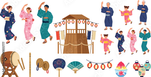 Foto Japanese Bon Odori Festival Vector Set Featuring People Dancing in Yukata, Yagur