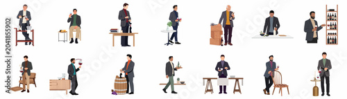 Bild auf Leinwand Collection of flat vector illustrations depicting various men as sommeliers and wine enthusiasts tasting, pouring, and serving different types of wine
