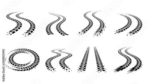 Fotografie Set of black grunge tire track marks on white background