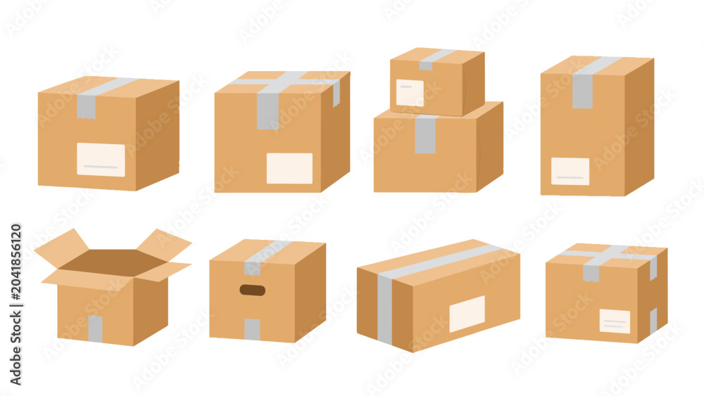 Fototapeta premium Set of cardboard shipping boxes in different shapes and views