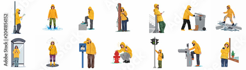 Tableau sur toile Collection of illustrations featuring a woman in a yellow raincoat navigating various unfortunate urban rainy day scenarios, isolated on a white background