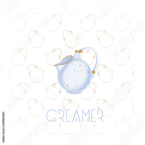 Blue ceramic milk jug vector illustration. Traditional farmhouse pitcher in elegant rustic style, perfect for kitchen decor, food branding, dairy packaging, restaurant menus and home related designs.