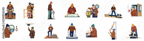 Set of flat illustrations depicting professional ship crew members performing various maritime duties, navigation tasks, and maintenance work on a vessel.