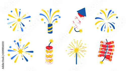 Valokuva Set of colorful fireworks and firecracker vector illustrations